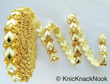 Off White And Gold Thread Lace Trim With Beads And Mirrors Embellishments Approx. 22mm, Decorative Fashion Trim Sari Border Trim by 9 Yards